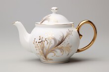 A Delicate Porcelain Teapot, Its Floral Motifs Painted With Exquisite Detail Against The  Gray Background