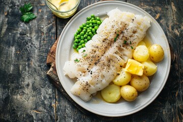 Wall Mural - Lye-Treated Cod with Vegetables and Melted Butter on Wooden Table