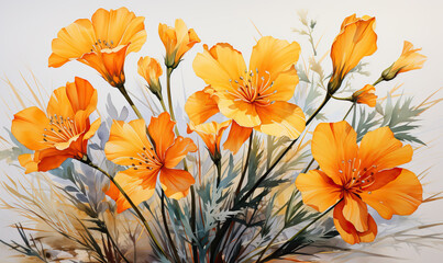 Wall Mural - Watercolor image of orange flowers on a white background.