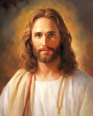 Illustration of Jesus Christ smiling and looking. Jesus Christ portrait art.