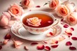 A dainty teacup filled with fragrant peach tea, surrounded by delicate rose petals on the soft gradient background
