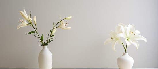 Poster - Two elegant white vases containing a beautiful arrangement of white flowers adorn the table, creating a stunning centerpiece for the event