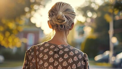 Wall Mural - Back view of a young woman with blonde hair and braid walking in the city at sunset