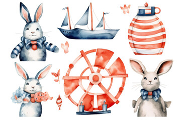 sailor lifebuoy illustration aquarelle vector nautical cute seaman elements cartoon rabbit marine baby nursery wave character anchor animal collection set watercolor childish lighthouse fish