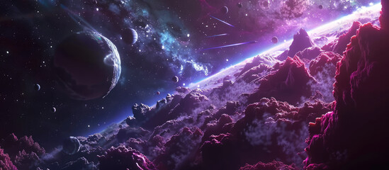 Wall Mural - A vibrant, ultraviolet cosmic scene presenting an asteroid belt against a backdrop of bright stars and nebulae