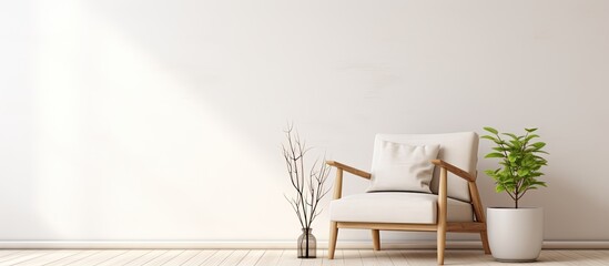 Poster - A cozy living room with a wooden chair and a lush plant placed on a table in front of a white wall. The room is filled with art and has hardwood flooring