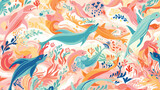 Fototapeta Motyle - A vibrant pattern of mermaids swimming with dolphin
