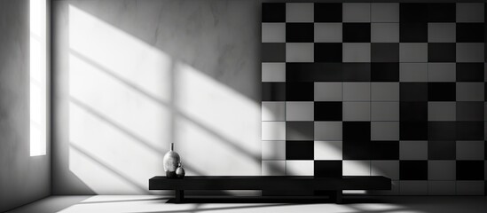 Poster - A blackandwhite photo of a living room with a checkered wall, showcasing symmetry and parallel lines in shades of grey. Monochrome photography at its finest