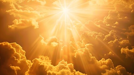 God light. Dramatic golden cloudy sky with sun beam. Yellow sun rays through golden clouds. God light from heaven for hope and faithful concept. Believe in god. Beautiful sunlight sky background. 