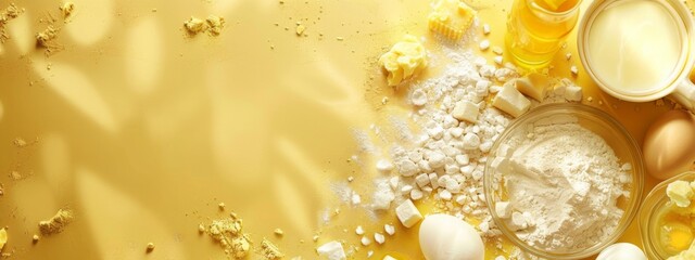 Banner with baking ingredients on yellow background. Mockup for recipe or cooking blog with eggs, flour, butter and milk. Flat lay with copy space