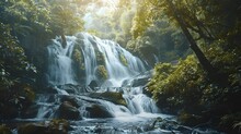 Beautiful Waterfall In Lush Tropical Green Forest. Nature Landscape. Mae Ya Waterfall Is Situated In Doi Inthanon National Park, Chiang Mai, Thailand. Waterfall Flows Through Jungle On Mountainside.