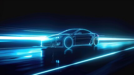 Blue neon glowing in the dark electric car on high speed running concept.