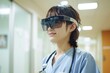 A woman wearing scrubs balances a stethoscope on her head, Smart glasses translating sign language for a nurse, AI Generated