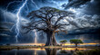 Powerful lightning illuminates alone baobab tree against a stormy sky, ideal for book covers, mystical scenes and creating a sense of raw power in design projects.