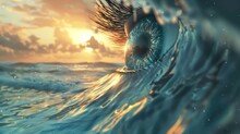Looking Through An Ocean Wave, Human Eye In Middle Of Wave, Sunset,  