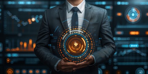 Fototapete - Commanding the Future: Business Leader Manages a Glowing Digital Interface, Symbolizing Control and Innovation, Generative AI