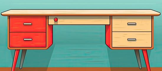 Sticker - A rectangle desk made of wood cabinetry with red drawers. The building has a wooden pattern and a wood stain finish