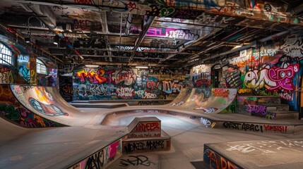 Wall Mural - Dynamic urban skatepark with graffiti art