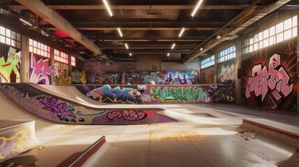 Poster - Dynamic urban skatepark with graffiti art