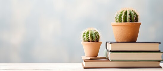 Poster - Two houseplants, in flowerpots, are placed on a stack of books. The rectangular shape of the books contrasts with the round shape of the cacti