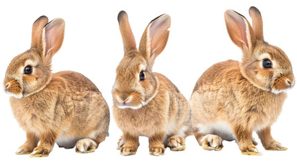 Poster - Collection of three brown rabbits (portrait, sitting, side view), animal bundle isolated on a white background as transparent PNG