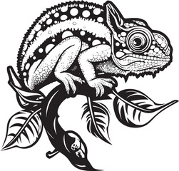 Wall Mural - Obsidian Camouflager: Chameleon on Twig Black Logo Shadowy Chameleon Rest: Black Vector Logo on Twig Icon