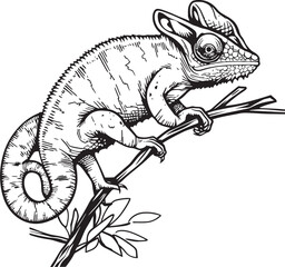 Wall Mural - Shadowy Chameleon Rest: Black Vector Logo on Twig Icon Noir Arboreal Adaptation: Chameleon Silhouette on Black Twig