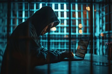 Wall Mural - A man is sitting in front of a laptop computer, typing on the keyboard. Prisoner hacker in prison