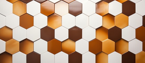 Sticker - Symmetrical pattern of brown and white hexagons on a wall, resembling a warm and inviting wood art installation with a touch of amber and orange hues