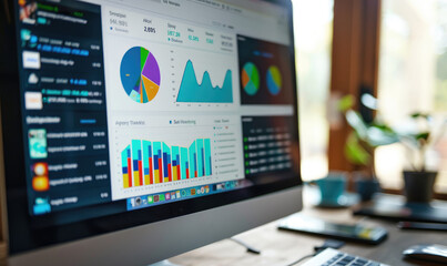 Monitor with web page showing a dashboard with colorful graphics