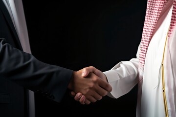 Wall Mural - An Arab person shaking hands with a businessman, one color background , copy space - generative ai