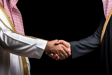 Wall Mural - An Arab person shaking hands with a businessman, one color background , copy space - generative ai