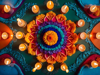 Wall Mural - Top view of colourful rangoli patterns and candle background design.