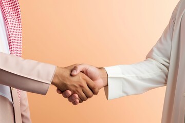 Wall Mural - An Arab person shaking hands with a businessman, one color background , copy space - generative ai