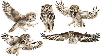 Wall Mural - little owl collection (standing, portrait, flying), animal bundle isolated on a white background as transparent PNG