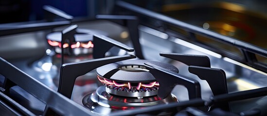 Sticker - A closeup of a gas stove with flames resembles the automotive lighting system of a vehicle. The flames mimic the glow of headlights or taillights in the dark