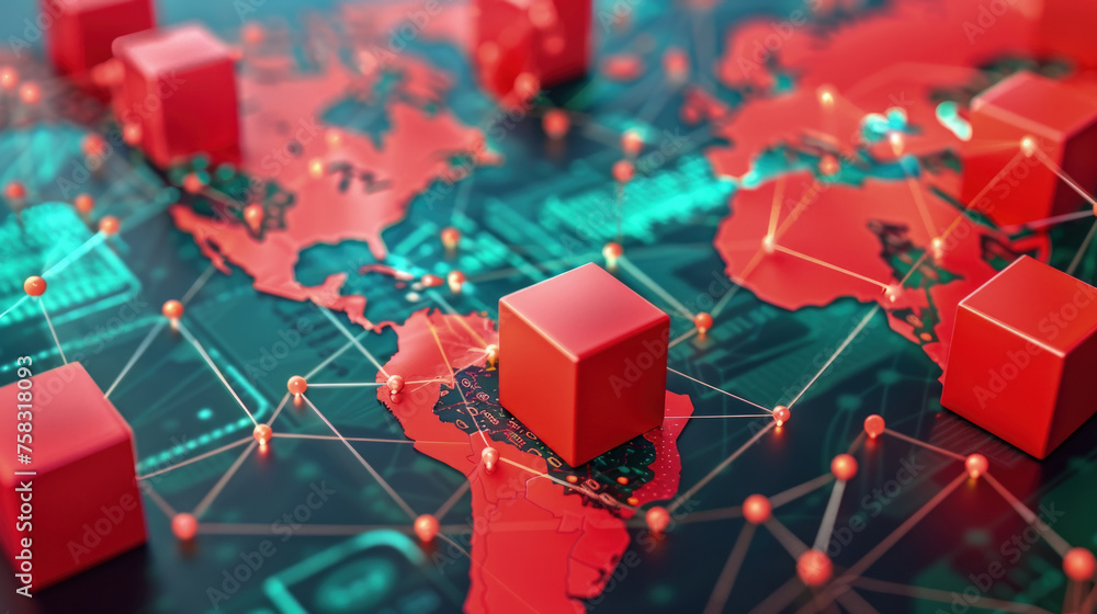 A world map featuring red cubes placed on various locations ...