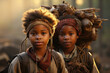 Two young beautiful African children walking for firewood in forest. Hardworking faces and load of branches on their backs. Girl and boy. Concept of poverty, travel, tourism, child protection, family 