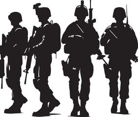 Silhouettes of American soldiers with guns and backpacks