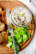 Smoked mackerel rillettes with croutons and celery .top veiw