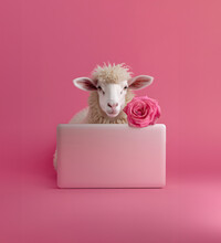  Sweet Domestic Sheep  Fresh Roses And  Pastel Pink Laptop, Business Nature Concept.