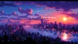 Cityscape painting at sunset, violet sky, reflecting in water