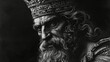 Monochrome charcoal drawing of a wise and regal King Solomon in a serious portrait