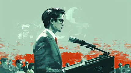 Wall Mural - Public speaking by a man in a business suit. A speaker, event host, politician speaking from a podium, or lecturer during a speech. Speaker. Illustration in the style of a painted picture.