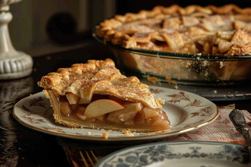 Wall Mural - A delicious slice of apple pie on a plate, perfect for food blogs or recipe websites