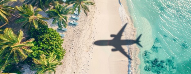 Wall Mural - Aerial view of an airplane shadow flying over a tropical beach with palm trees and sun loungers on a white sand beach, in the style of a vacation concept banner Generative AI