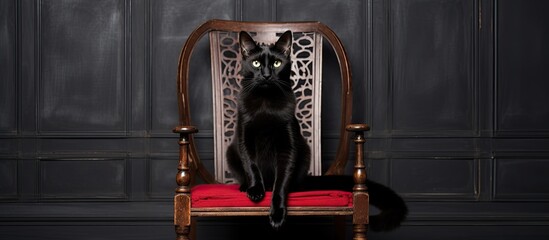 Canvas Print - A black Felidae, a carnivorous terrestrial animal, is depicted as a sculpture sitting in a chair with a red cushion. The art piece resembles a statue of a cat at an event, made of metal