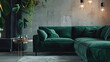 A cozy living room with a green couch. Perfect for interior design projects