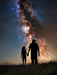 Zwei Menschen schauen sich in der Nacht eine nahe Galaxie am Himmel an. KI generiert.