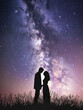 Zwei Menschen schauen sich in der Nacht eine nahe Galaxie am Himmel an. KI generiert.